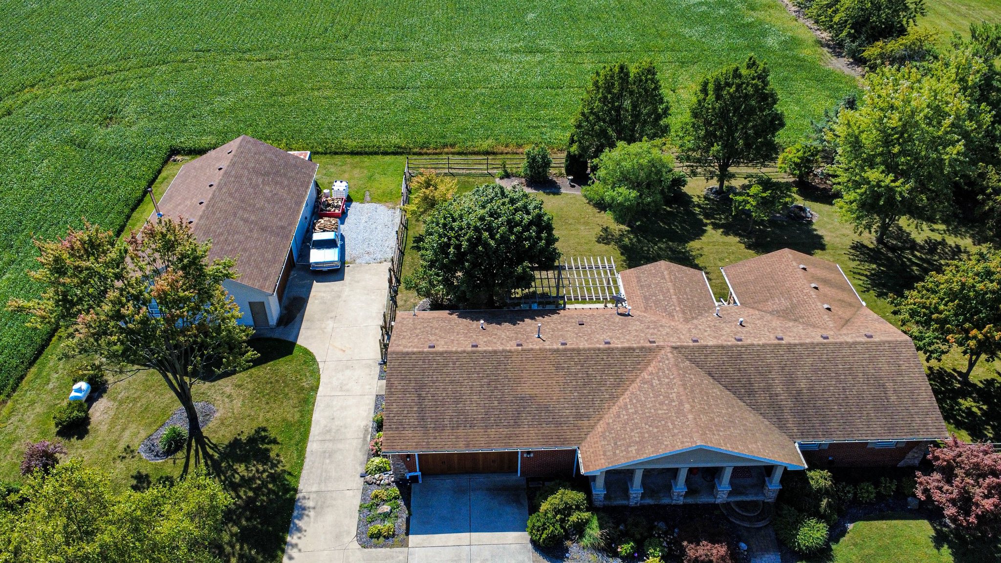 Aerial view of a Big Horn roofing install near Napoleon