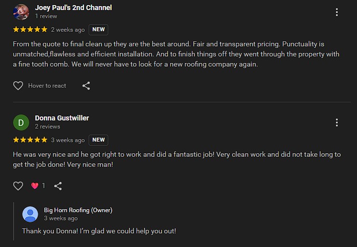 Big Horn Roofing customer review