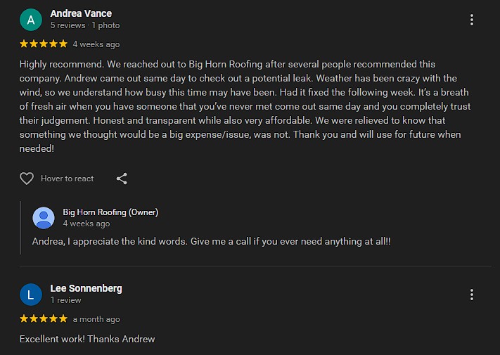 Big Horn Roofing customer review